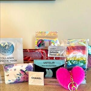 Skincare Set with Pink fuzzy Heart Keychain 10 piece NWOT